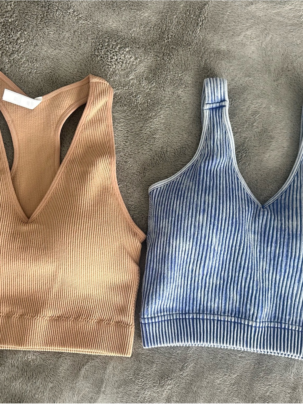 NWT 2 Zenana Outfitters Racerback Crop Top in Beige & Blue Straight Strap V Neck - Picture 2 of 12